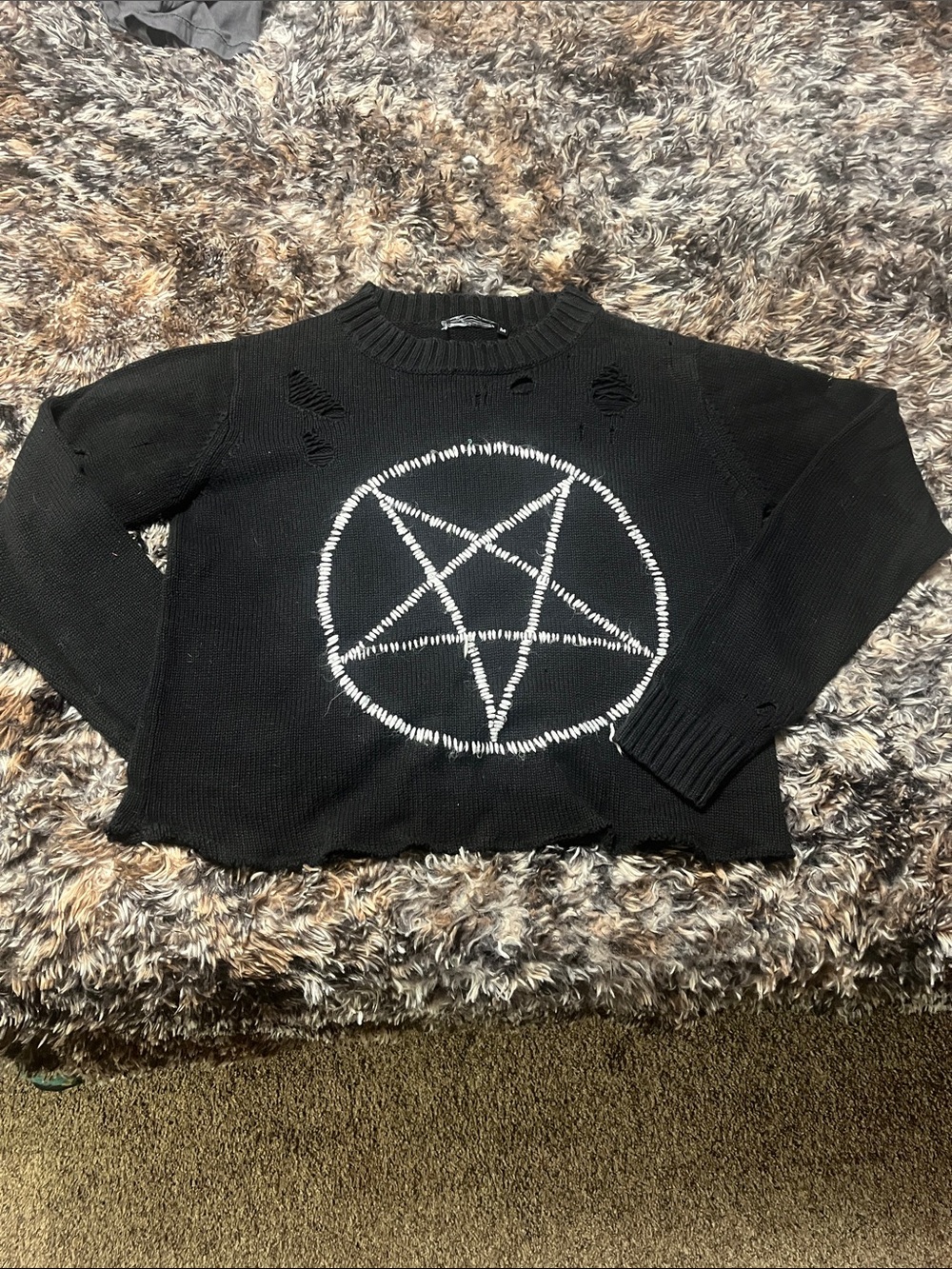 Black Distressed Pentagram Knit Sweater - Unbranded